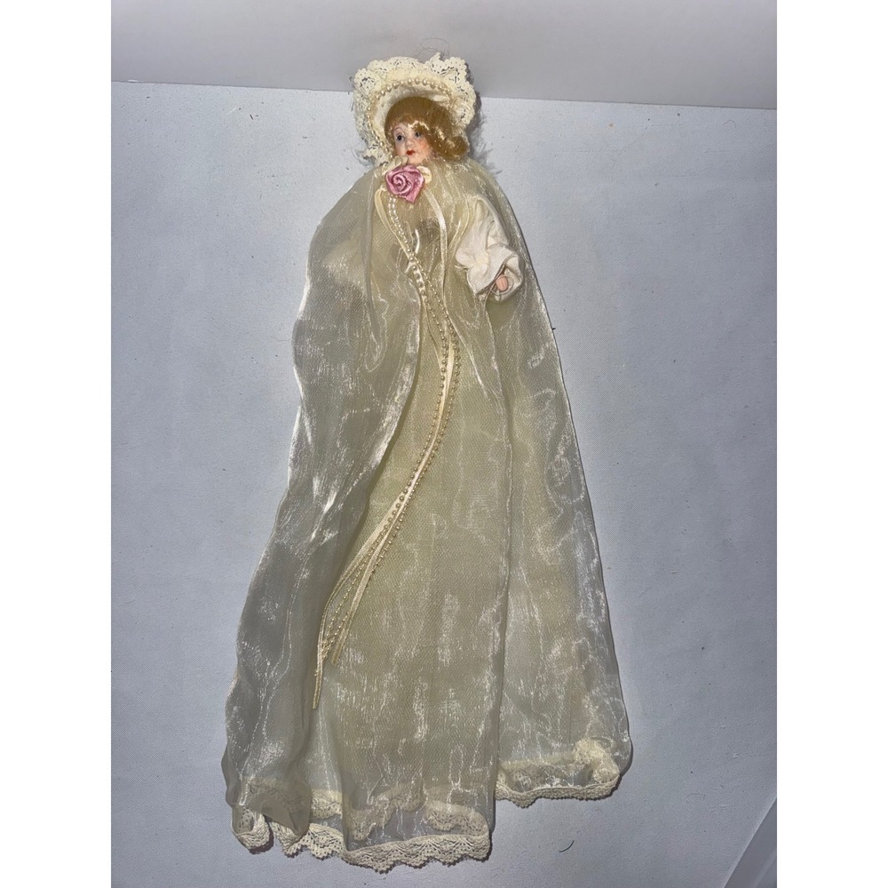 Vintage Porcelain Angel‎ Tree Topper Cream Lace Pearl Blonde Christmas Decor 15"
